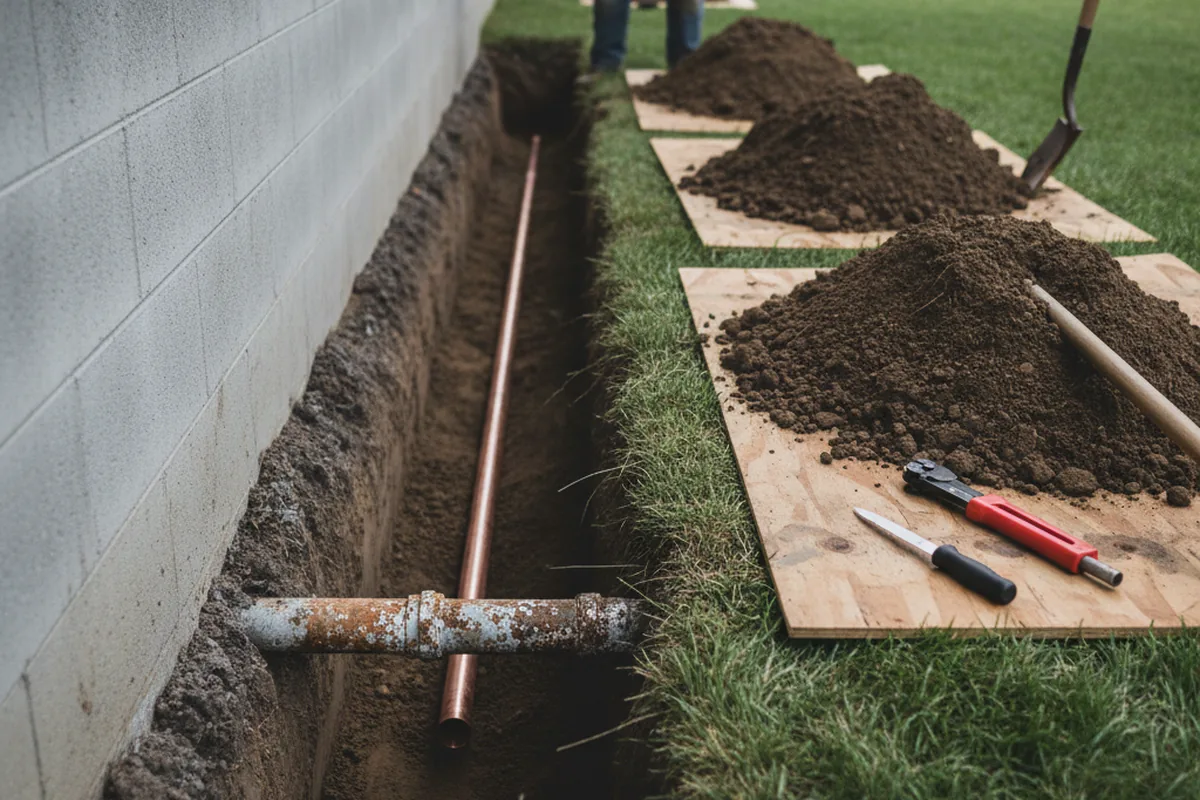 Excavated water line trench during Water Heater Repair in San Lucas